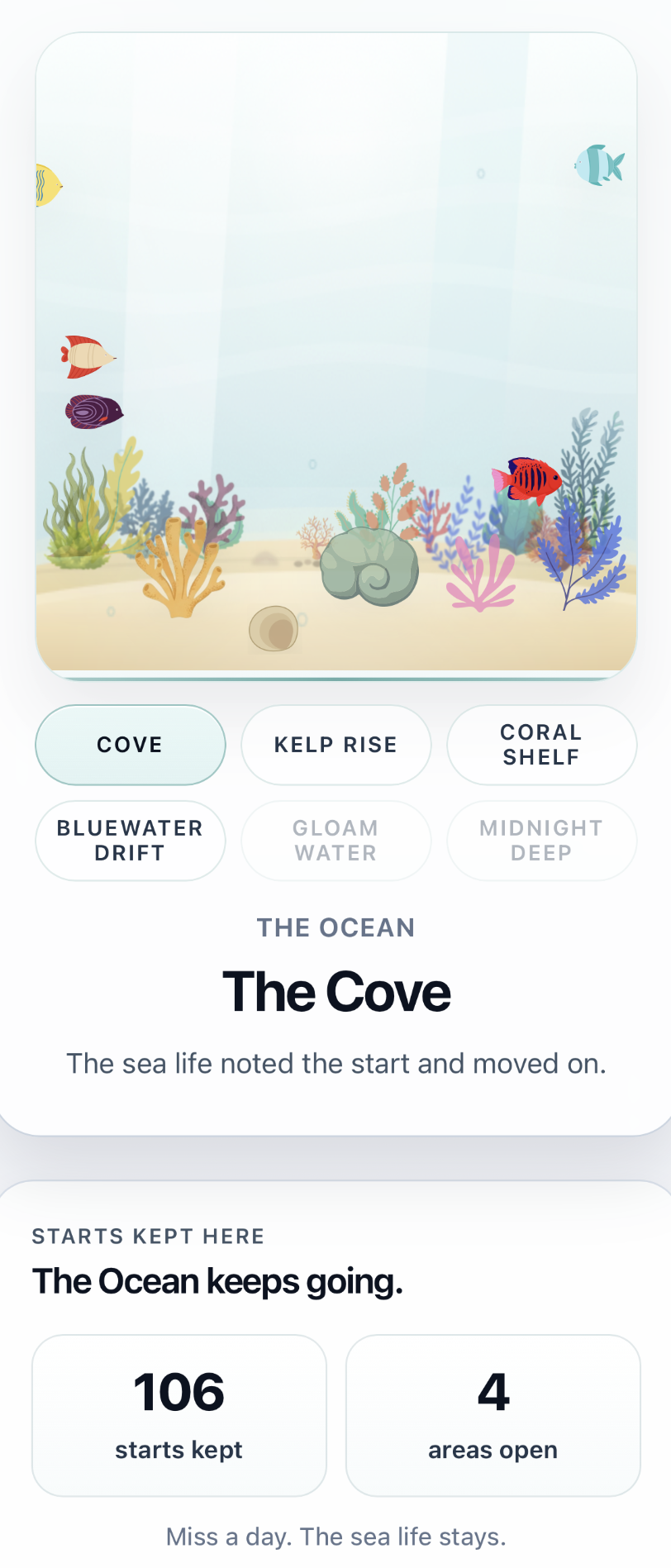 Cero One Ocean screen showing sea life, Ocean areas, starts kept, and areas open.